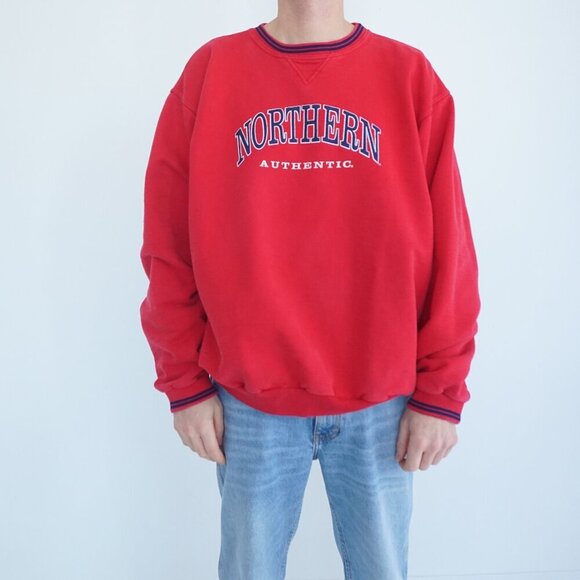 Vintage Northern Reflections Red Navy 100% Cotton Crewneck Varsity Sweater XL - Picture 1 of 10